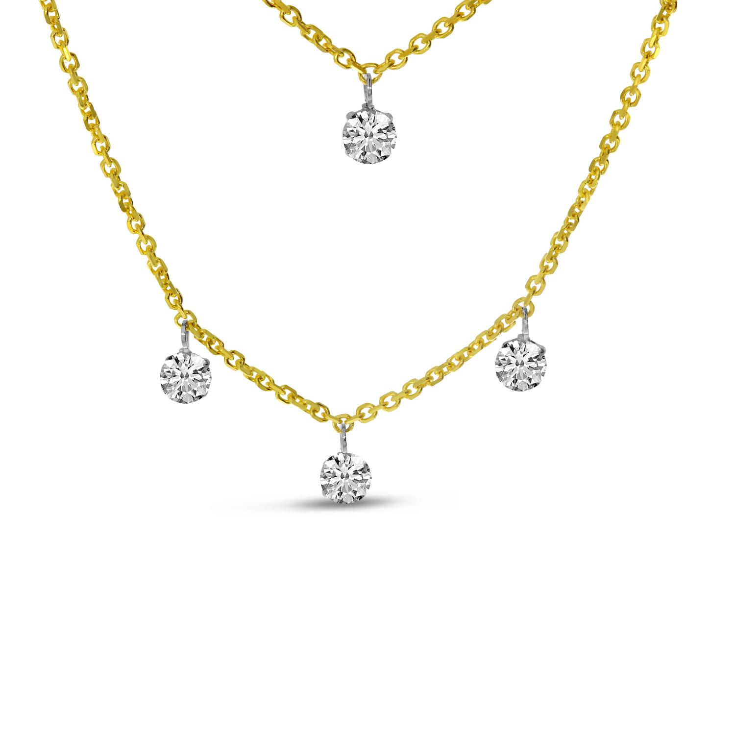 14K Yellow Gold Floating Diamond Double Cable Chain Necklace