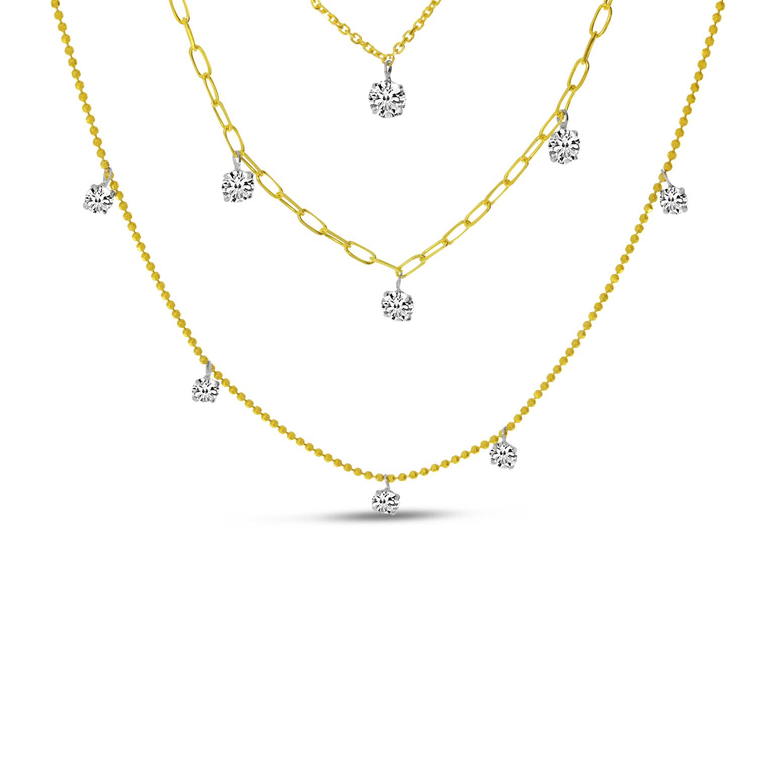 14K Yellow Gold Triple Chain Floating Diamonds Necklace