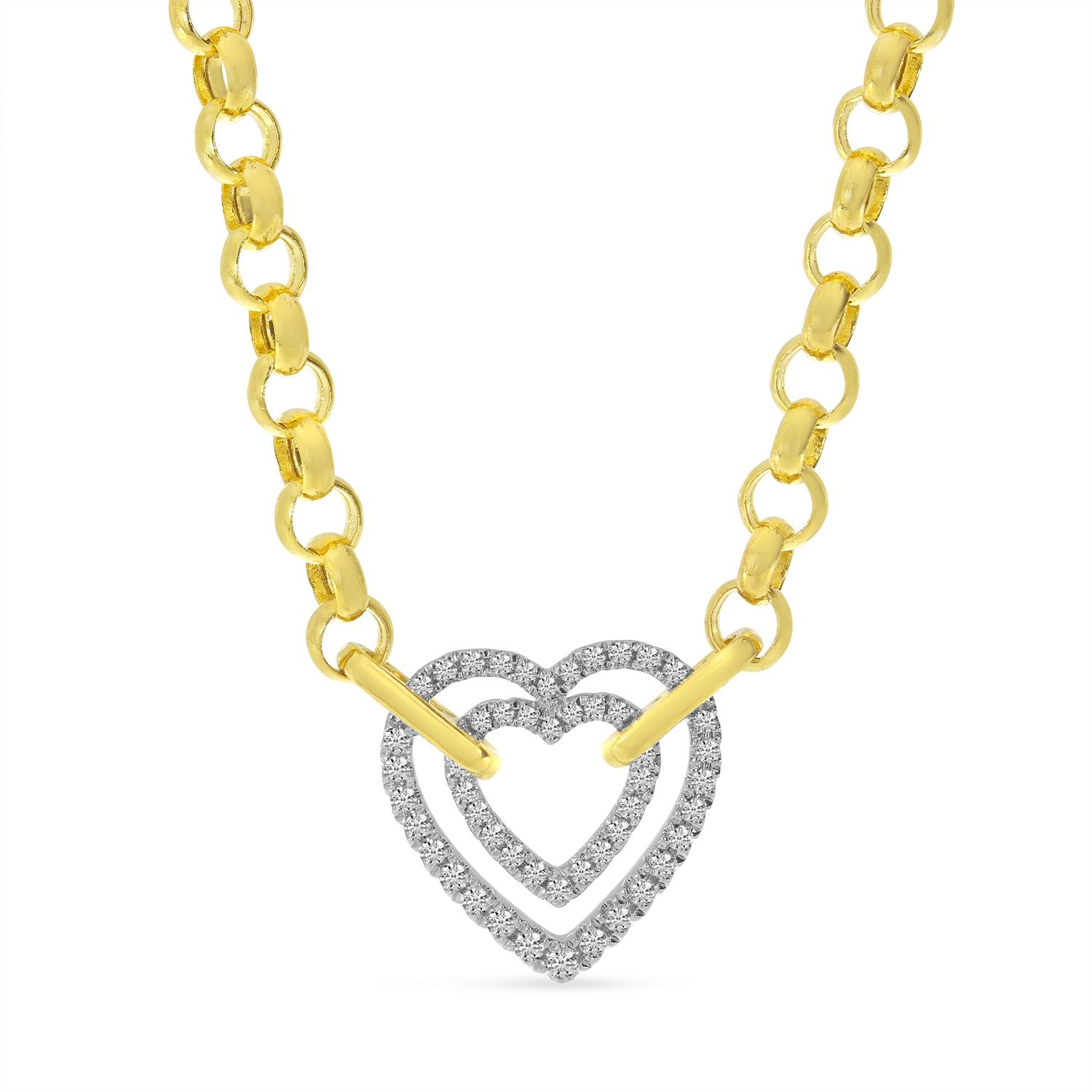 14K Two Tone Gold Double Diamond Heart on Heavy Yellow Gold Rolo Chain Necklace