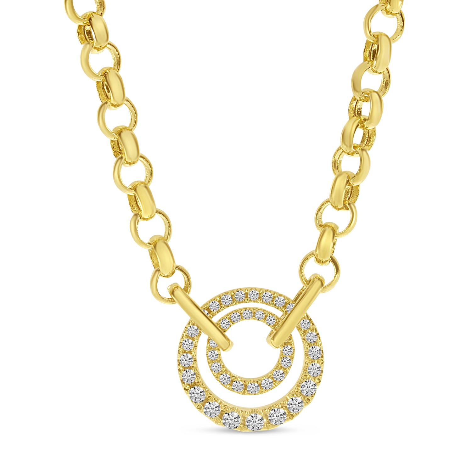 14K Yellow Gold Diamond Double Circle Heavy Rolo Chain Necklace