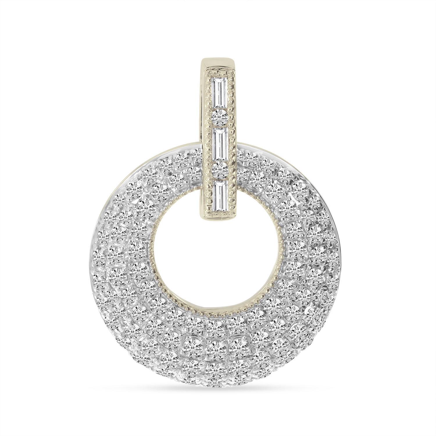 14K White Gold Round and Baguette Pave Diamond Circle Pendant