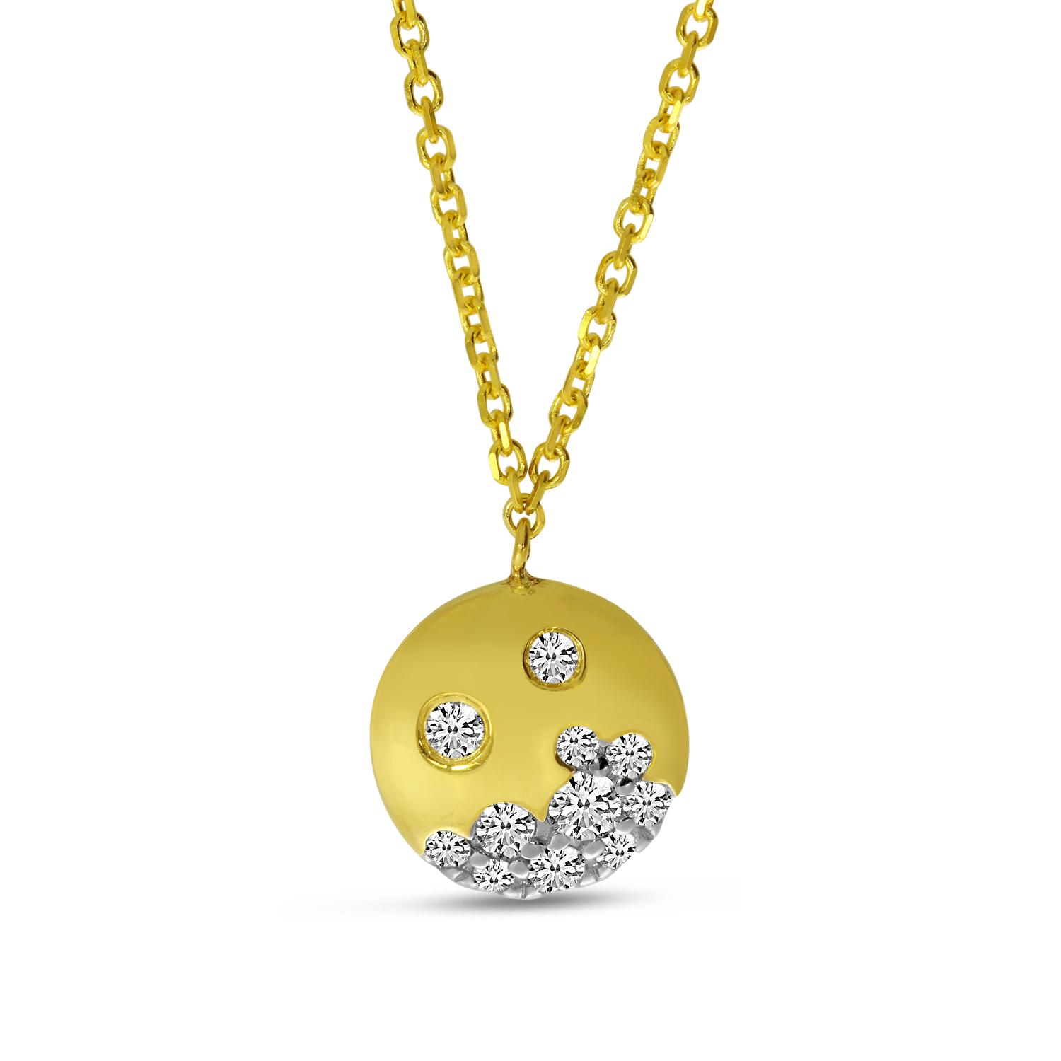 14K Yellow Gold Scattered Diamond Round Disc Necklace