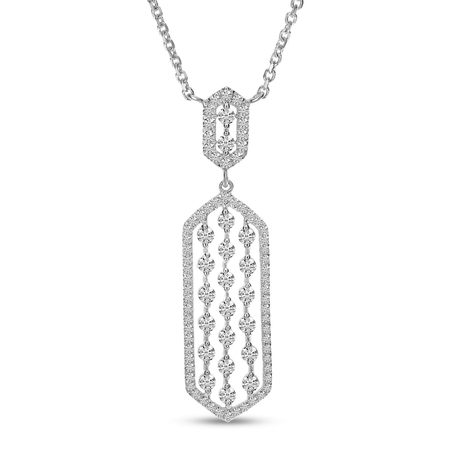 14K White Gold Scattered Diamond Hexagon Shape Necklace