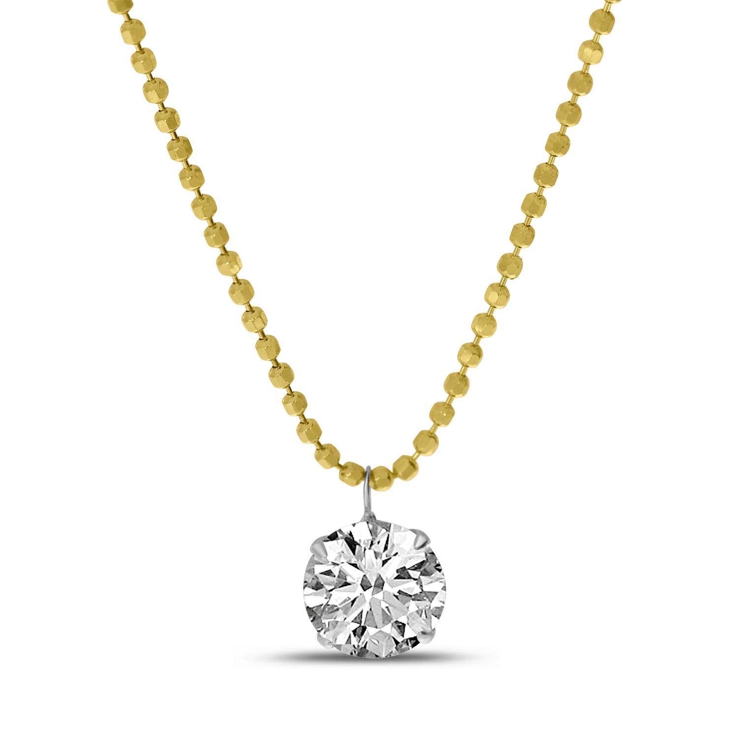 14K Yellow Gold Single Floating Diamond Bead Chain Necklace