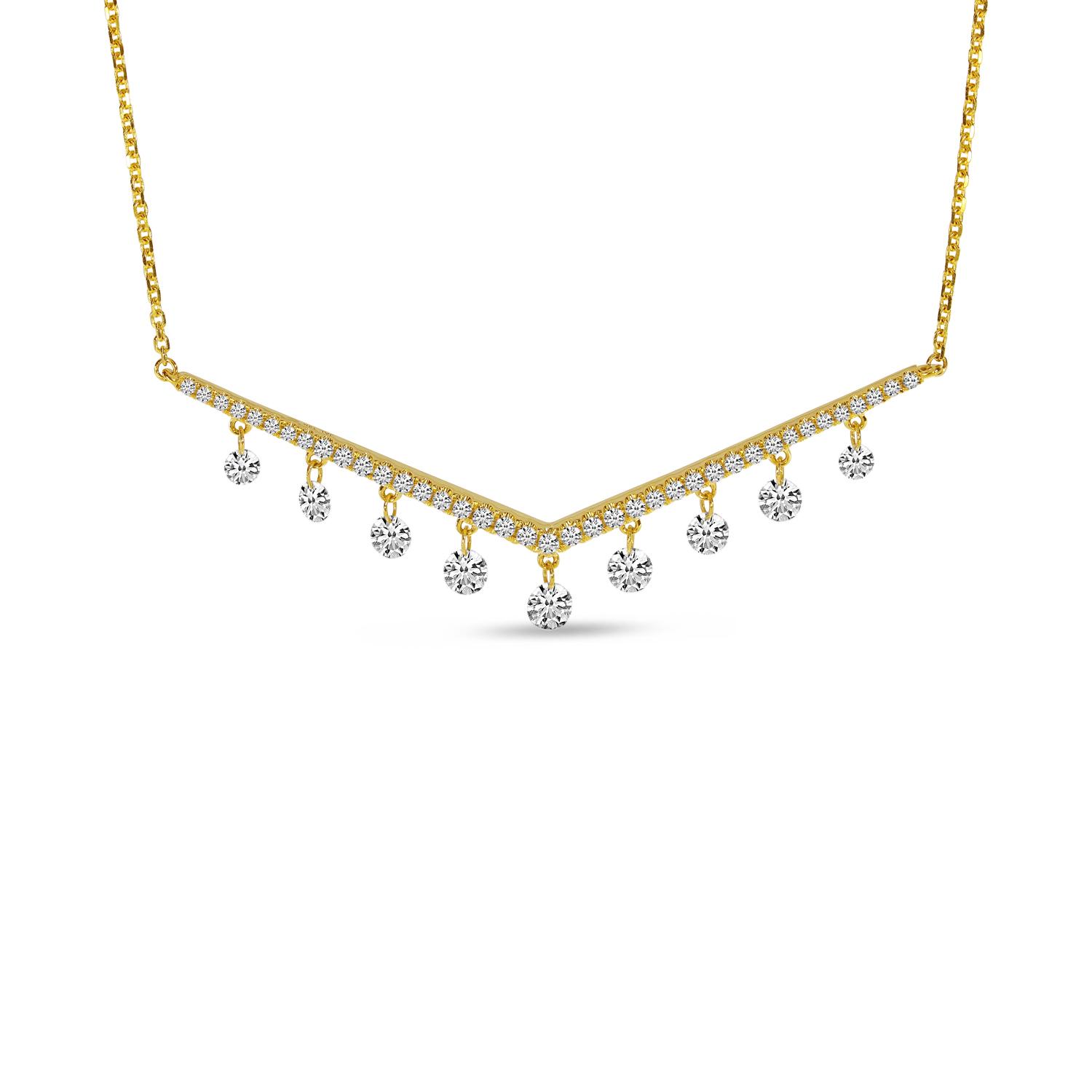 14K Yellow Gold Dashing Diamond V Bar Diamond Necklace