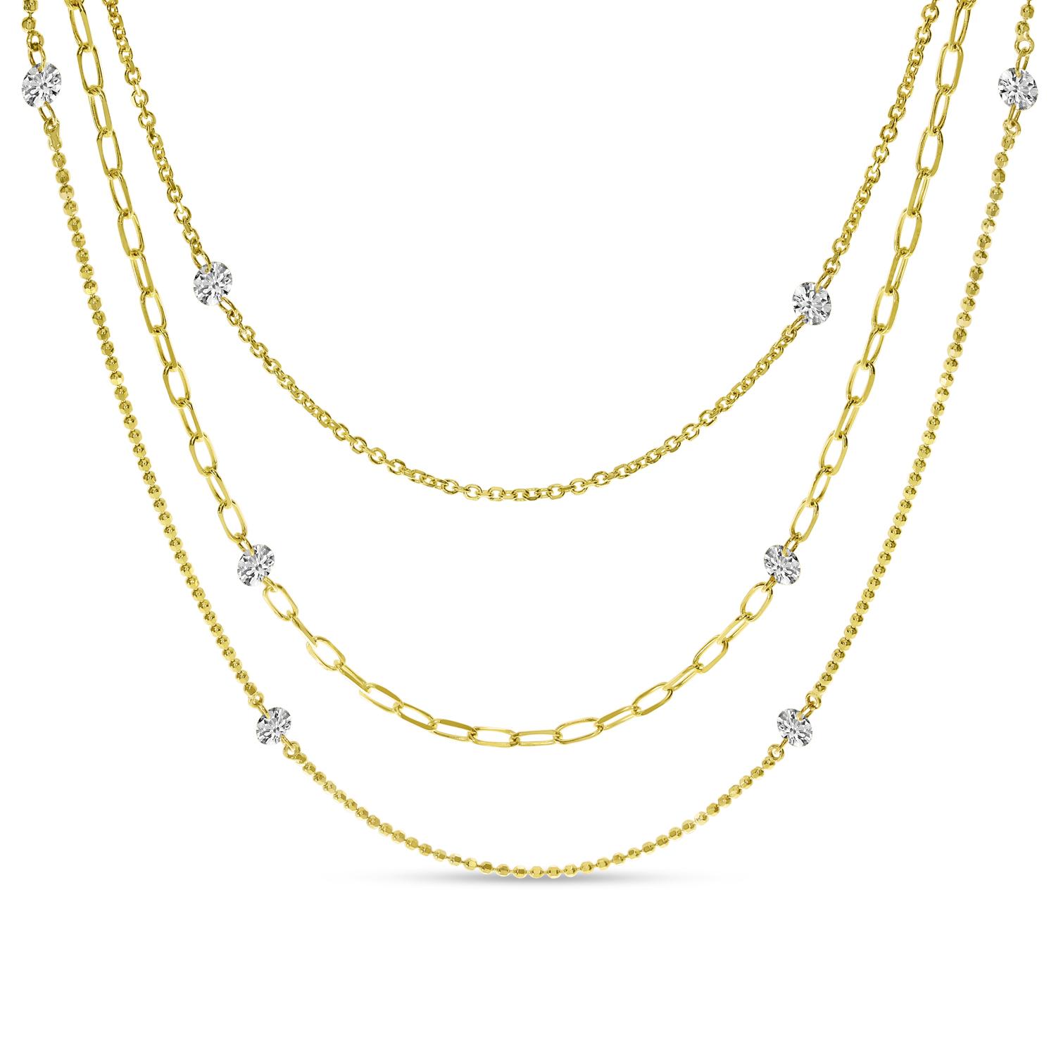 14K Yellow Gold Triple Strand Double Pierced Dashing Diamonds Multi-Chain Necklace