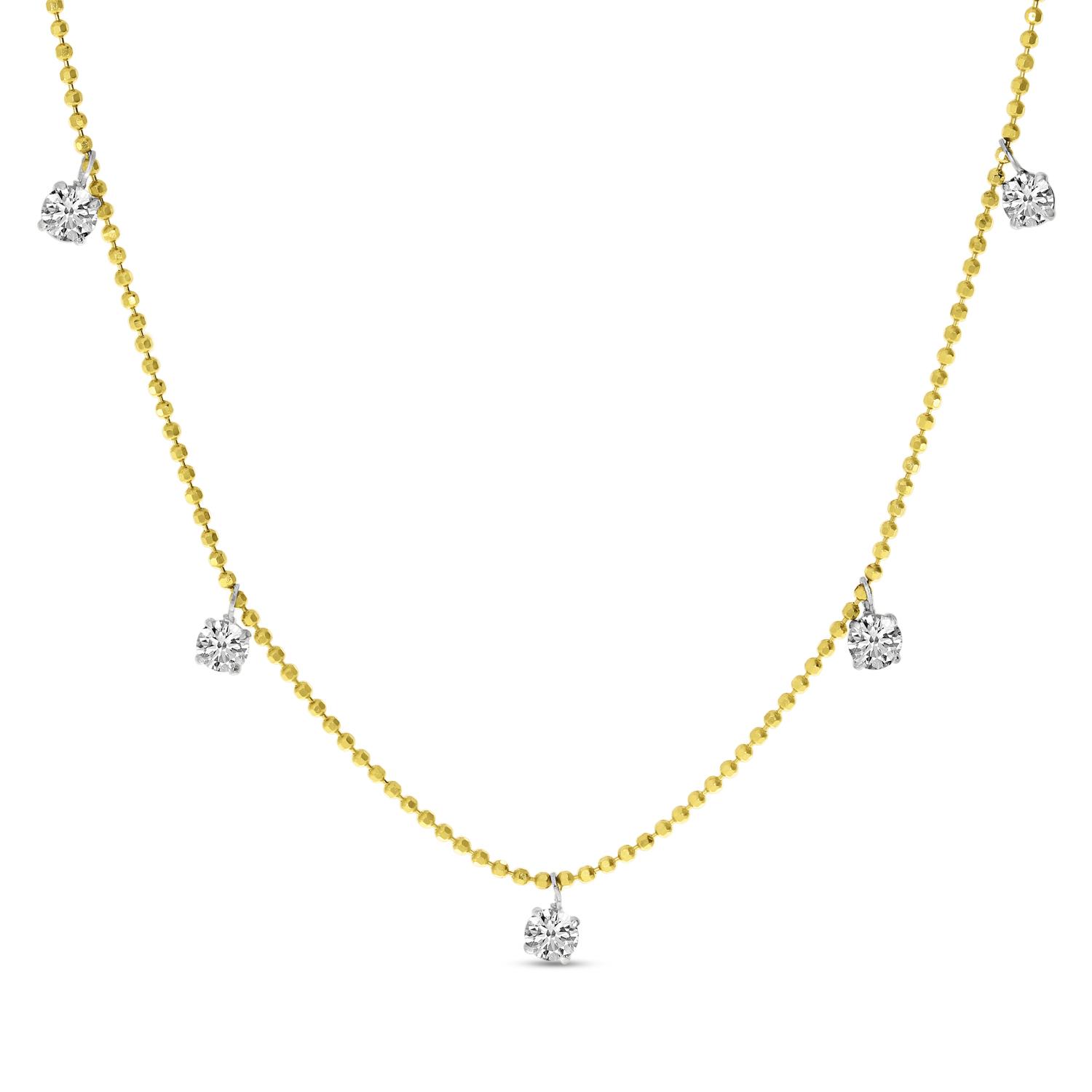 14K Yellow Gold 5 Diamond .50 ct Floating Diamond 20 in Bead Chain Necklace