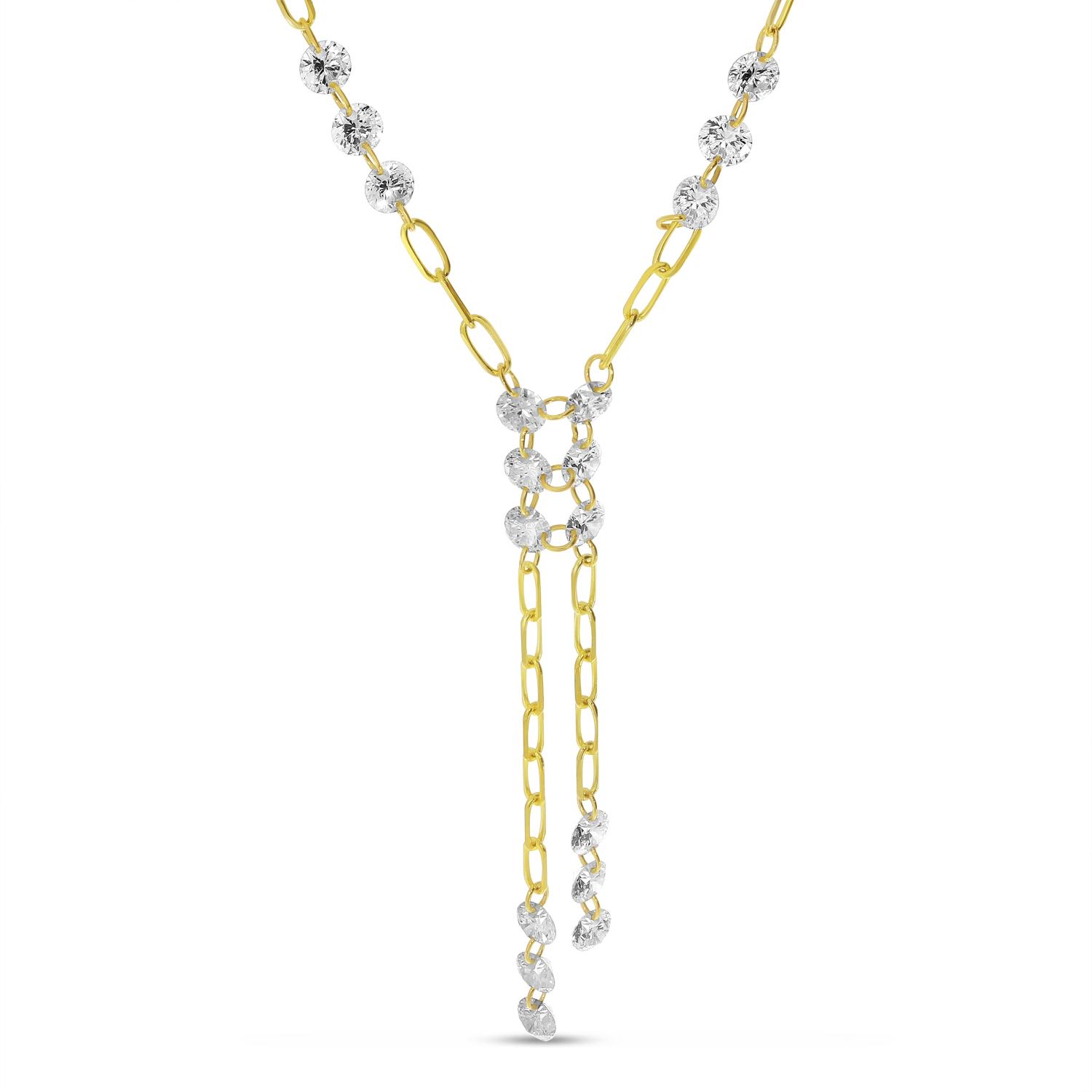 14K Yellow Gold Dashing Diamond Double Lariat 18 inch Paperclip Chain Necklace