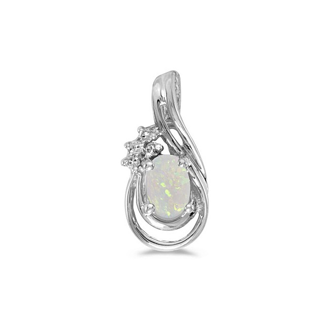 14k White Gold Oval Opal And Diamond Teardrop Pendant