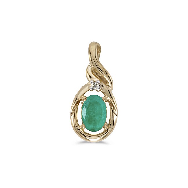 14k Yellow Gold Oval Emerald And Diamond Pendant