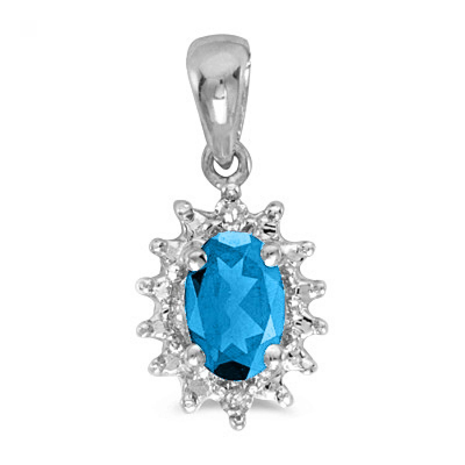 10K White Gold Oval Blue Topaz and Diamond Halo Birthstone Pendant