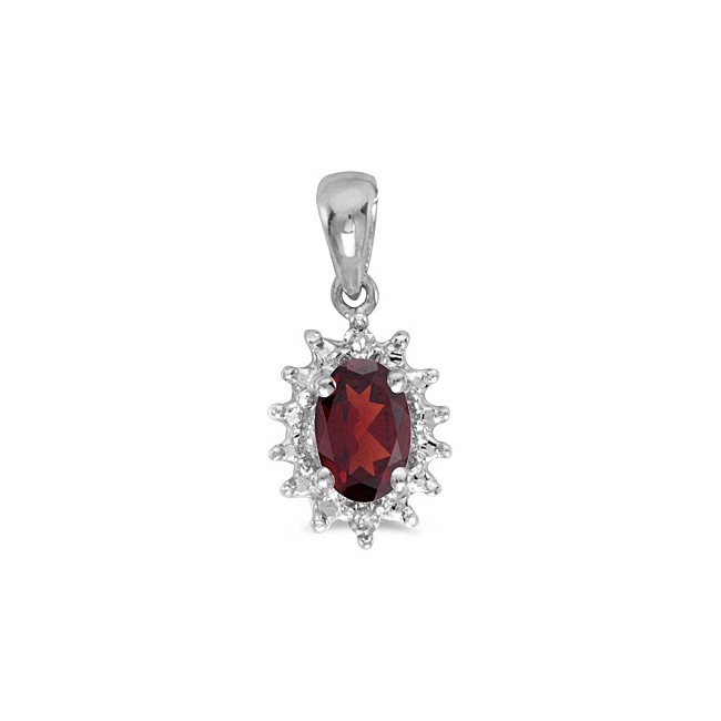 14k White Gold Oval Garnet And Diamond Pendant