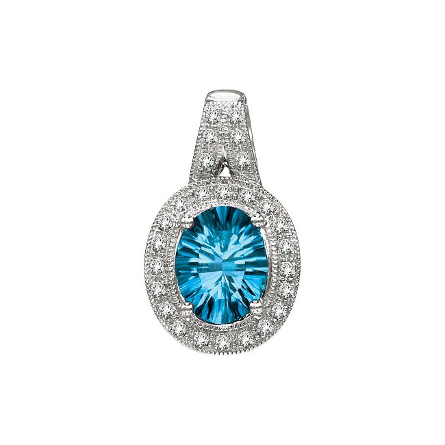 14K White Gold 10x8 Oval Blue Topaz and Diamond Pendant