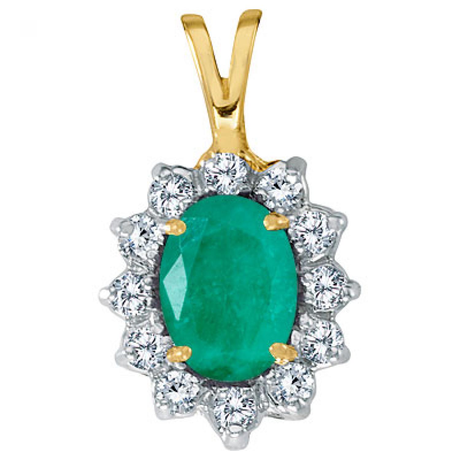 14K Yellow Gold 8x6 Oval Emerald and Diamond Pendant