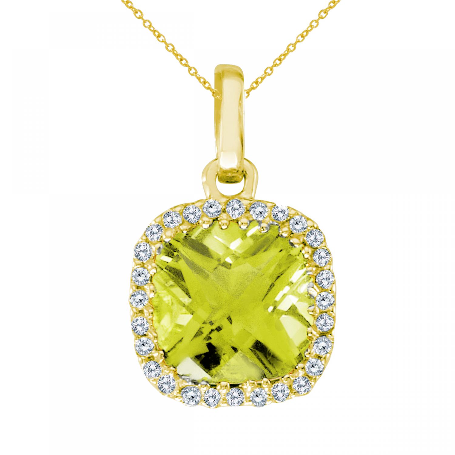 14K Yellow Gold Cushion Peridot with Diamond Halo Pendant