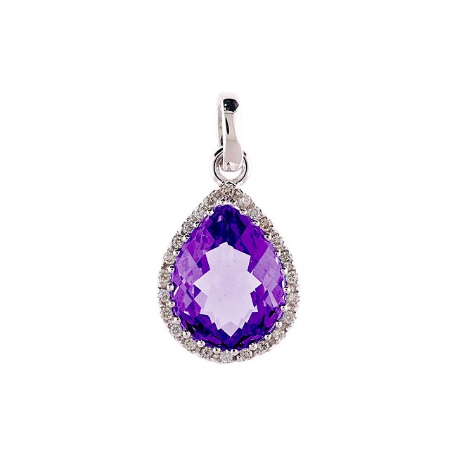 14K White Gold 9x11 mm Pear Amethyst and Diamond Pendant