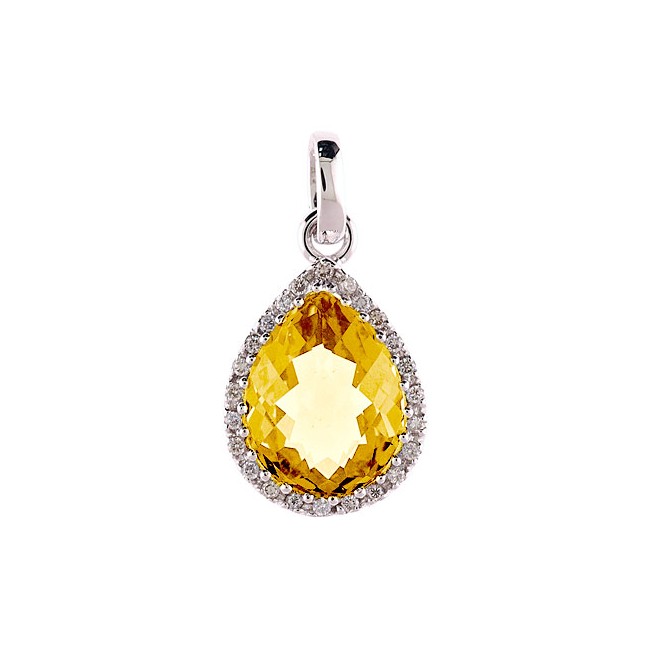 14K White Gold 9x11 mm Pear Citrine and Diamond Pendant