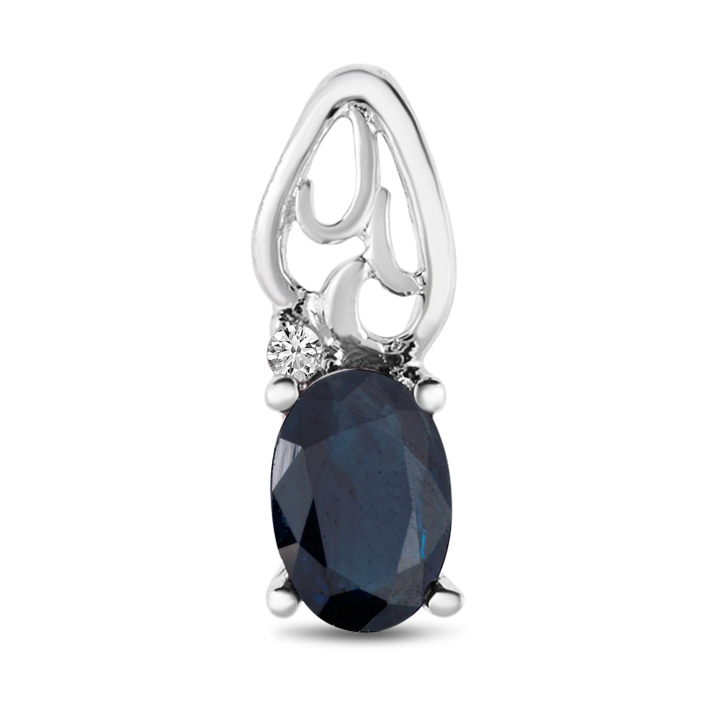 14K White Gold Oval Sapphire and Diamond Pendant