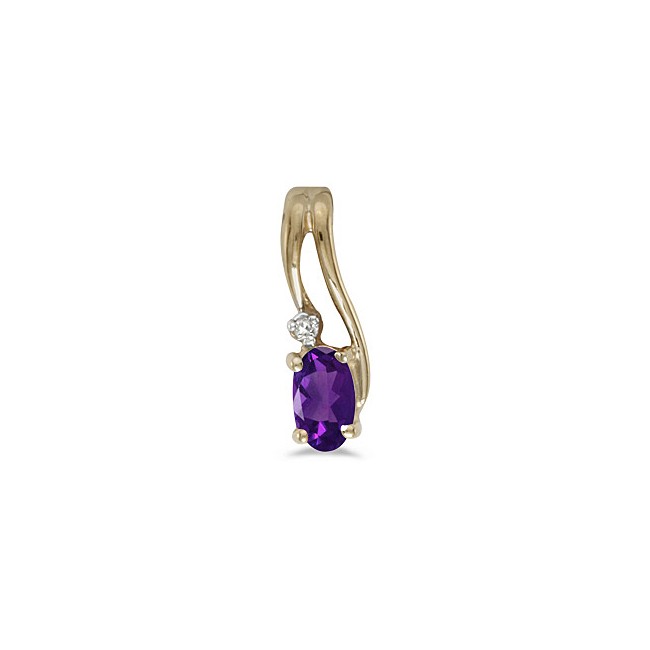 14k Yellow Gold Oval Amethyst And Diamond Wave Pendant