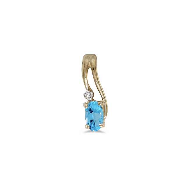 14k Yellow Gold Oval Blue Topaz And Diamond Wave Pendant