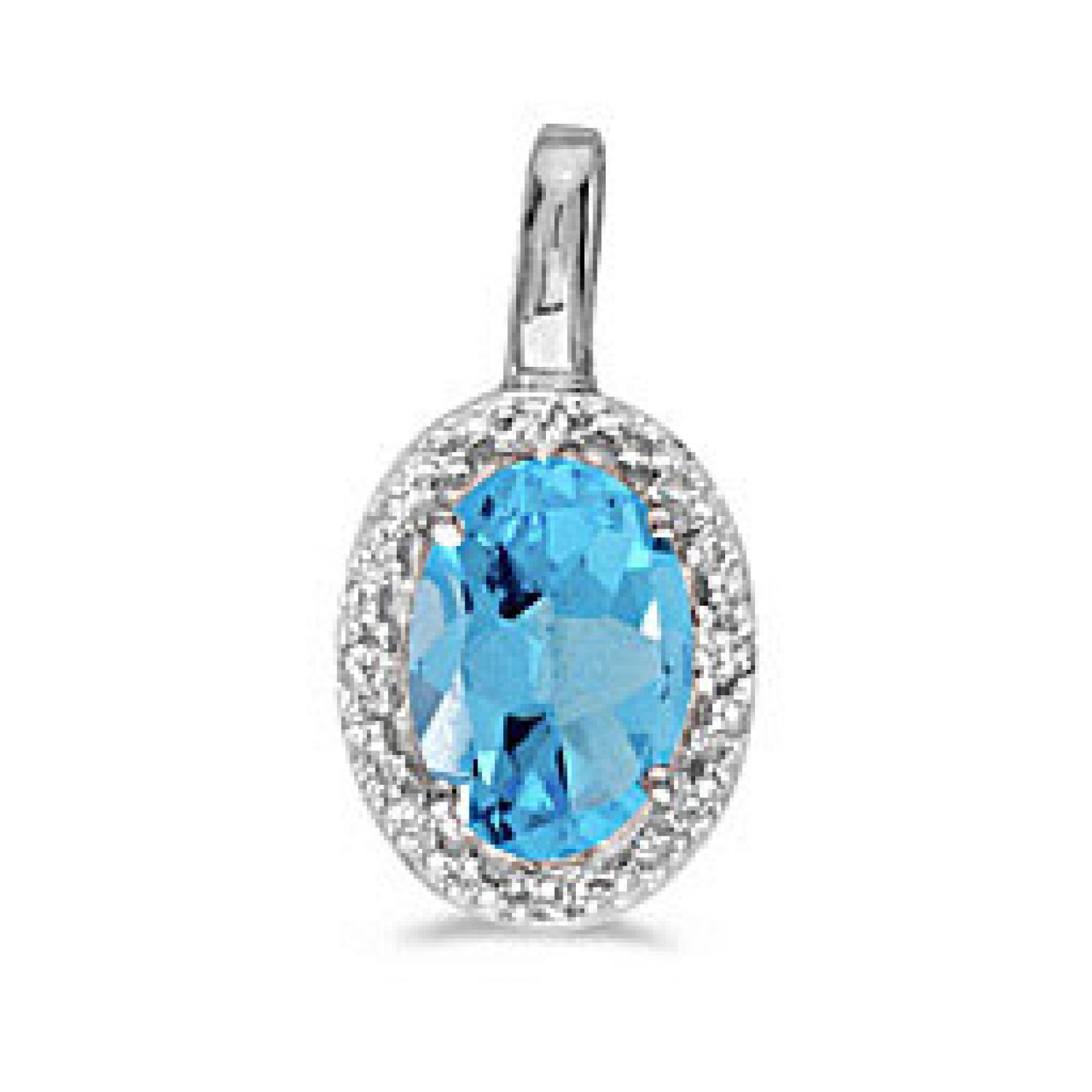 10K White Gold Oval Blue Topaz and Diamond Birthstone Pendant