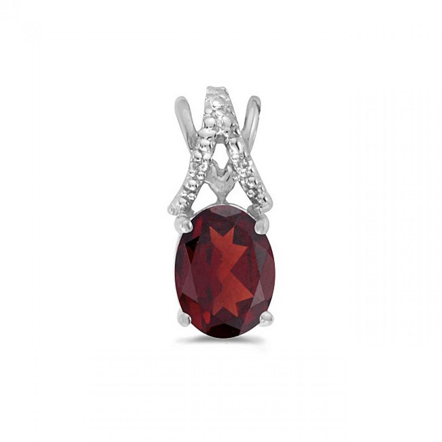 10K White Gold Oval Garnet and Diamond Birthstone Pendant