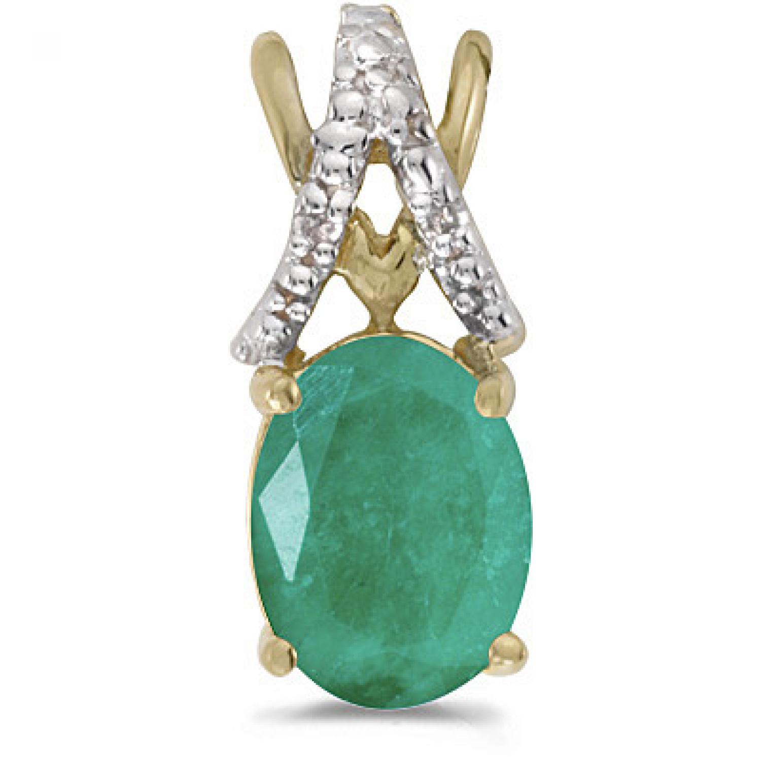 14k Yellow Gold Oval Emerald And Diamond Pendant