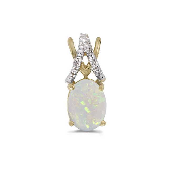 14k Yellow Gold Oval Opal And Diamond Pendant