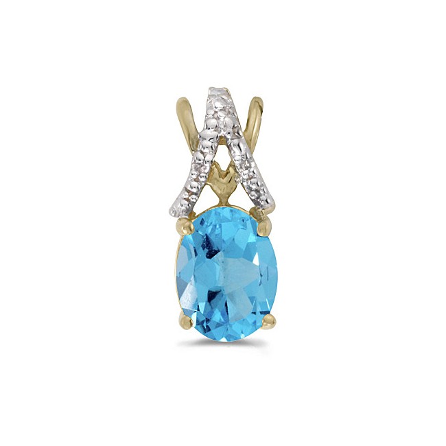 14k Yellow Gold Oval Blue Topaz And Diamond Pendant