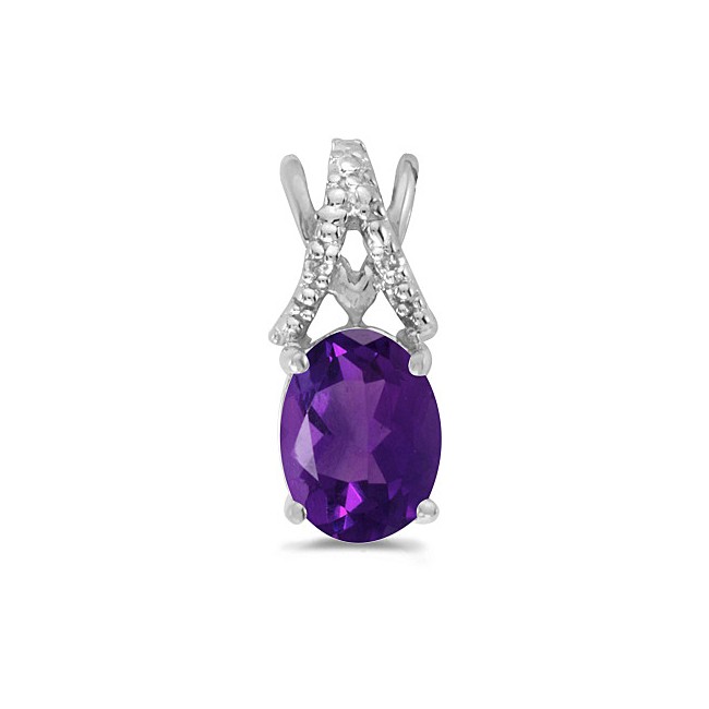 14k White Gold Oval Amethyst And Diamond Pendant