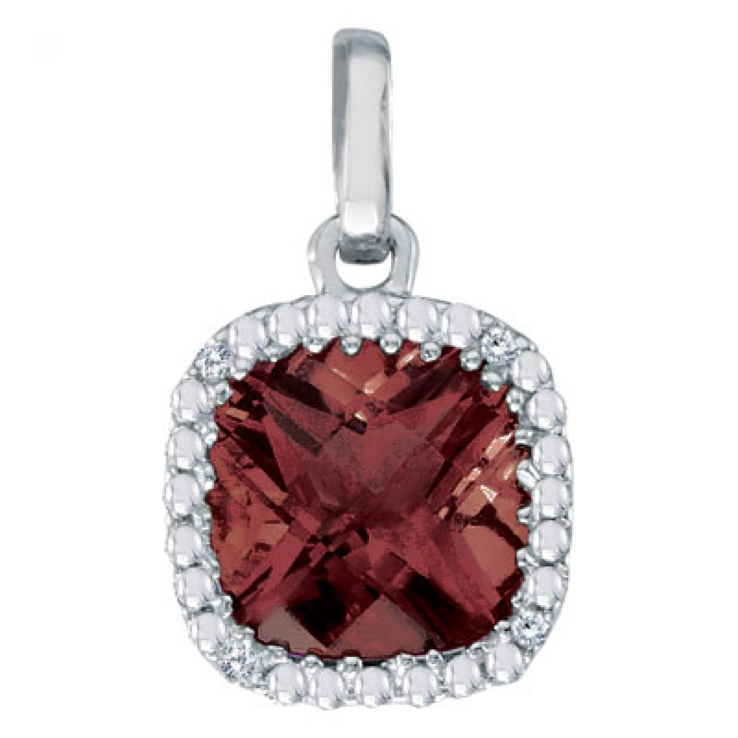 14K White Gold 7mm Cushion Garnet and Diamond Pendant