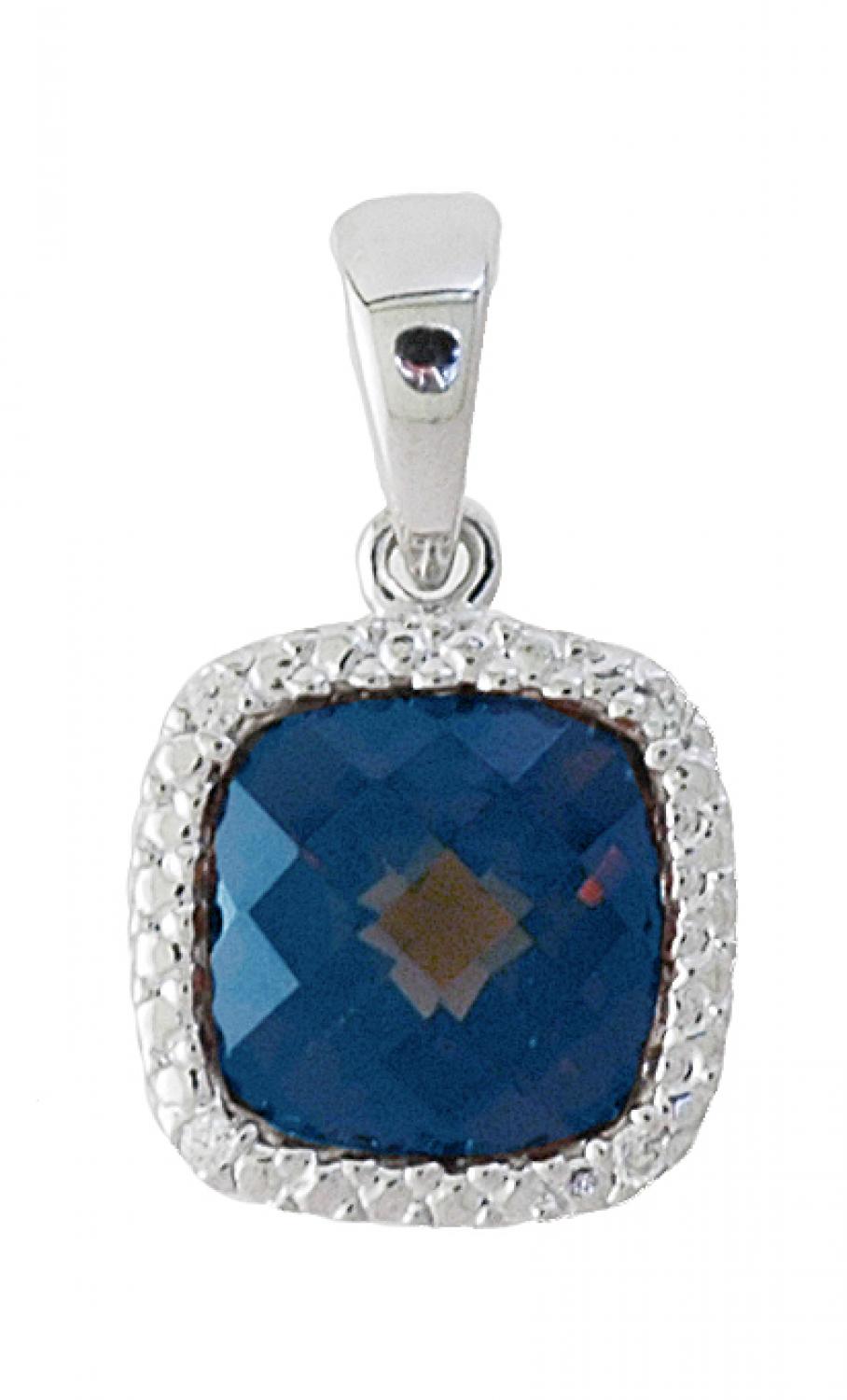 14K White Gold 7mm Cushion Blue Topaz and Diamond Pendant