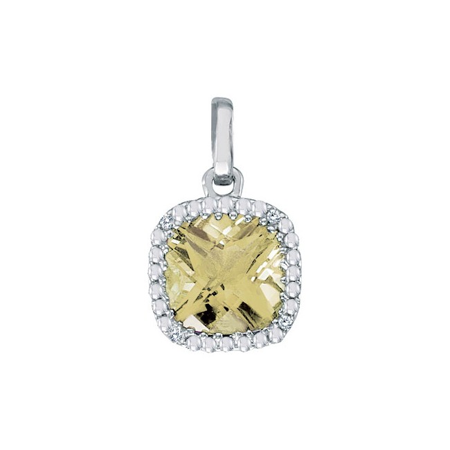 14K White Gold 7mm Cushion Lemon Quartz and Diamond Pendant