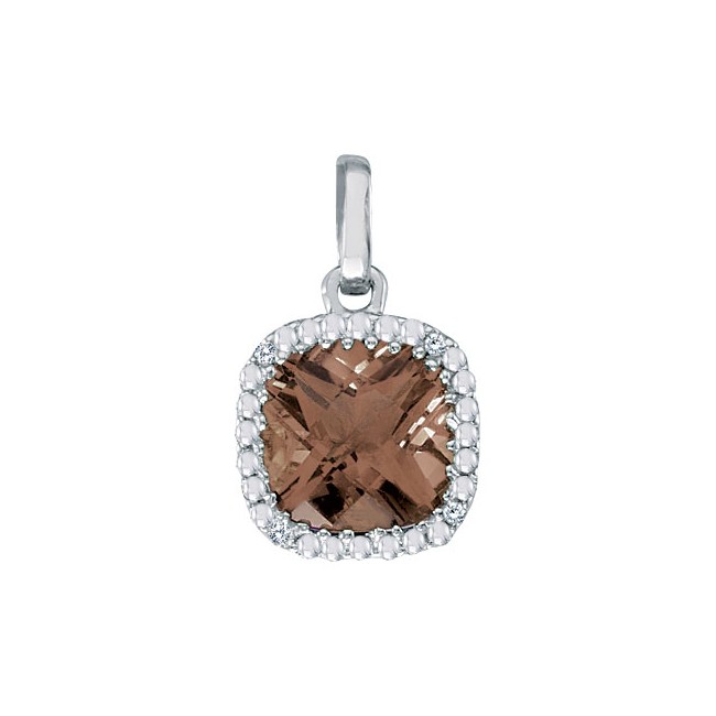 14K White Gold 7mm Cushion Smoky Topaz and Diamond Pendant