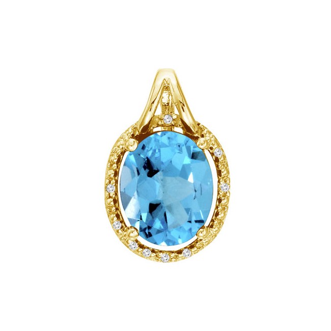 14K Yellow Gold Blue Topaz and Diamond Oval Pendant