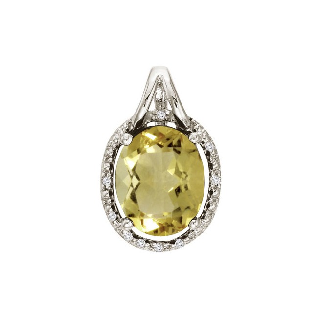 14K White Gold Lemon Quartz and Diamond Oval Pendant