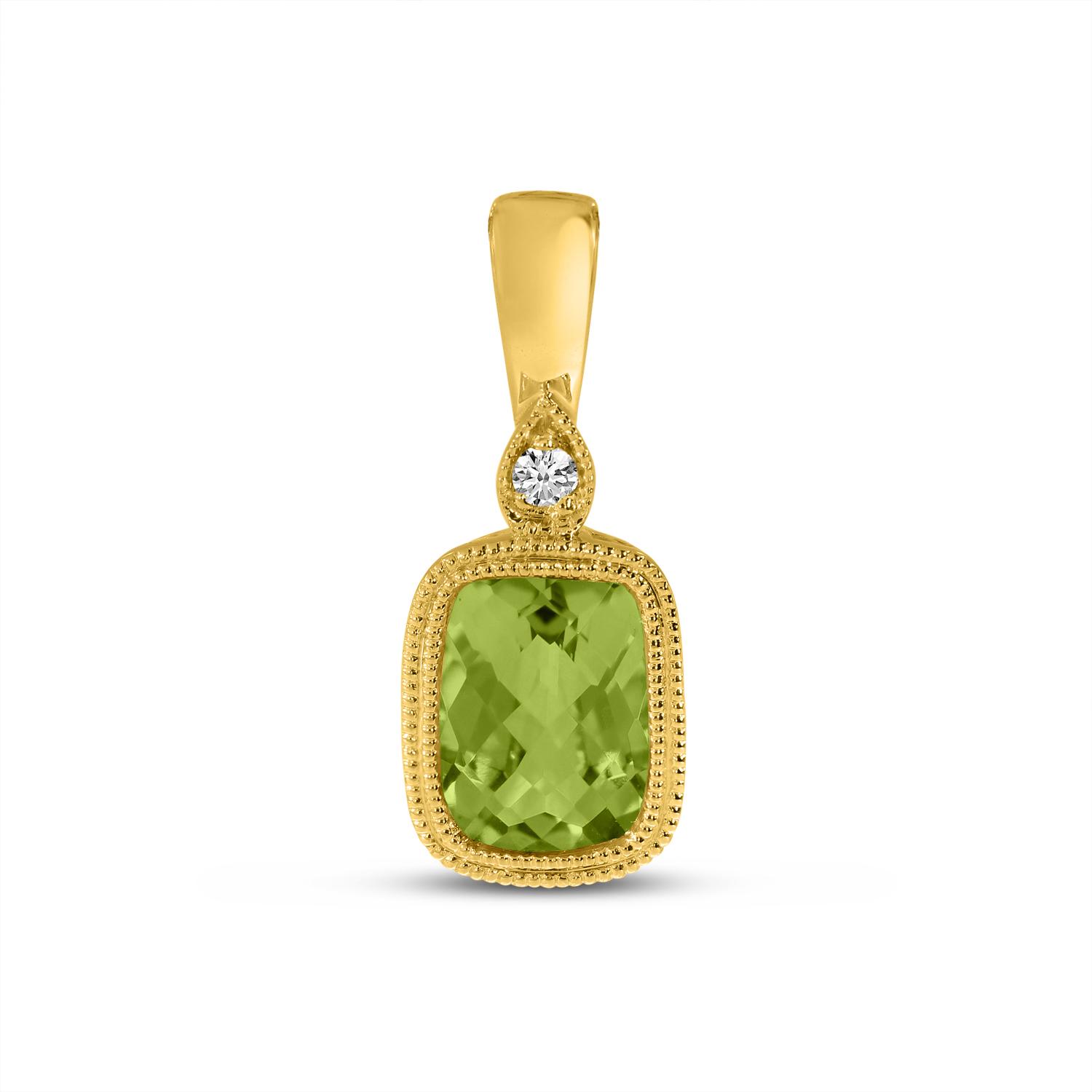 14K Yellow Gold Cushion Peridot and Diamond Millgrain Pendant