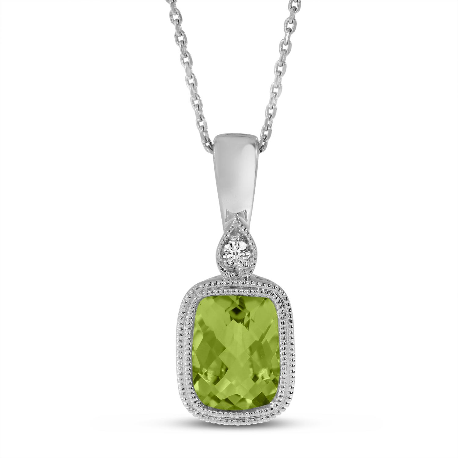 14K White Gold Cushion Peridot and Diamond Millgrain Pendant