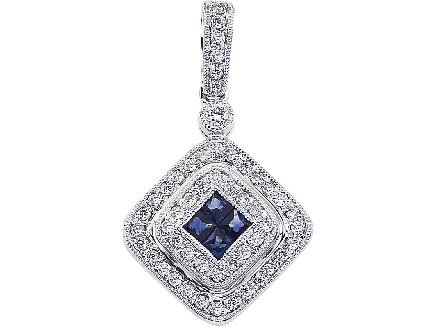 14K White Gold Precious 1.6 mm Square Sapphire and Diamond Fashion Pendant