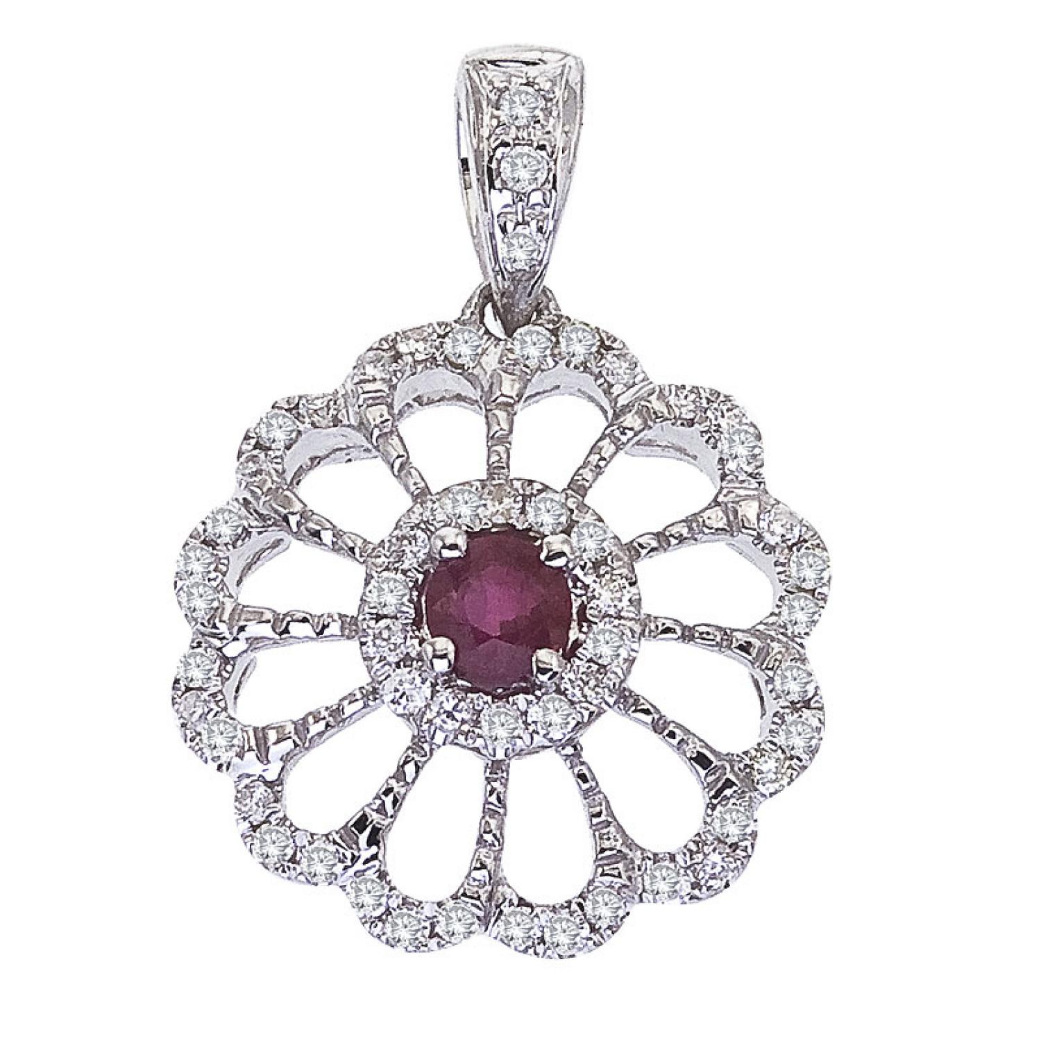 14K White Gold Diamond and Precious Ruby Round Flower Pendant