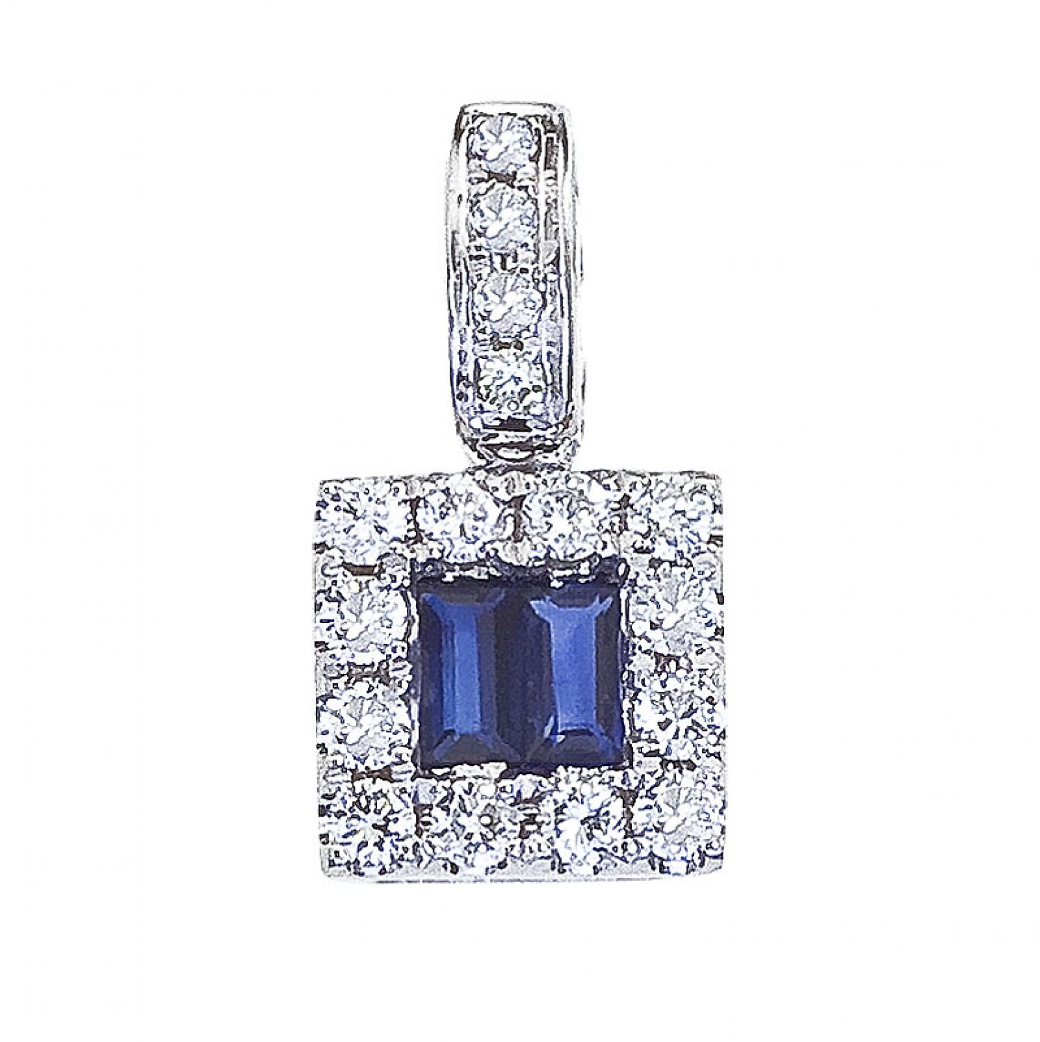 14K White Gold Diamond and Emerald Cut Sapphire Square Pendant