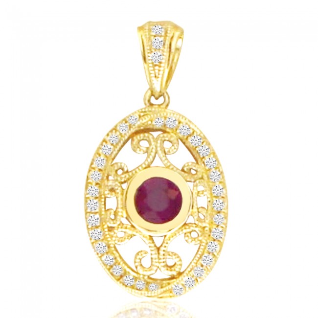 14K Yellow Gold Precious Round Ruby and Diamond Oval Filigree Pendant