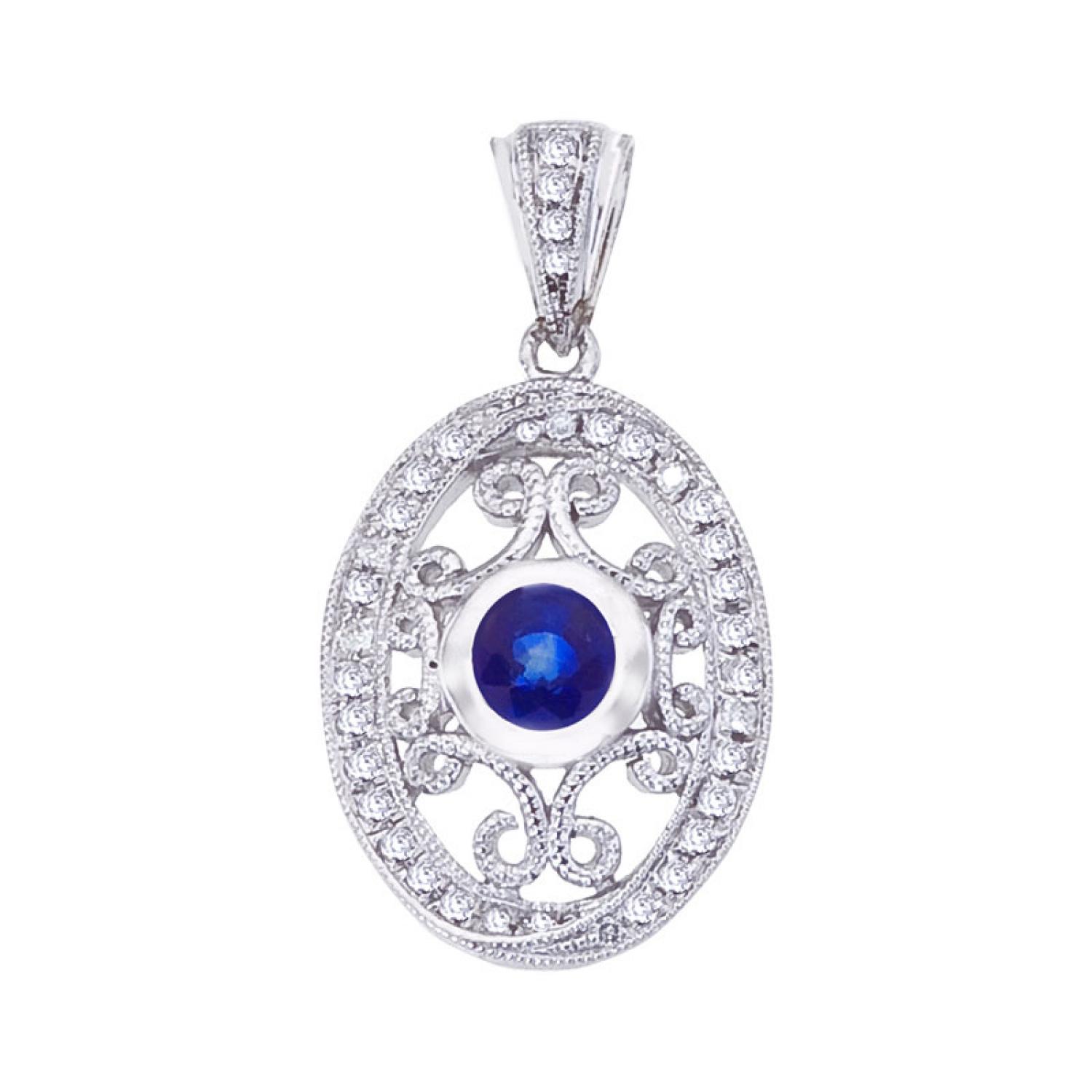 14k White Gold Precious Sapphire and Diamond Filigree Pendant