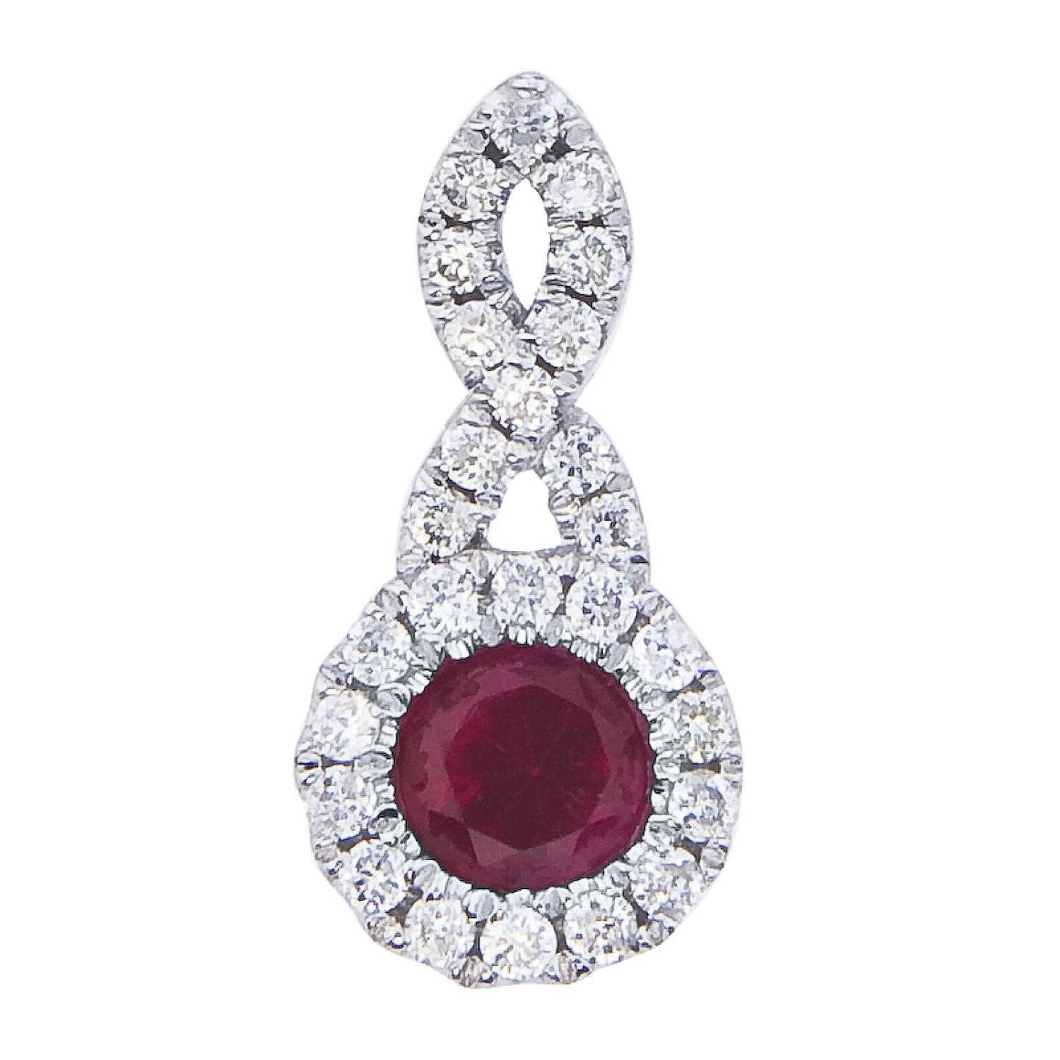 14K White Gold 4mm Round Precious Ruby and Diamond Swirl Pendant