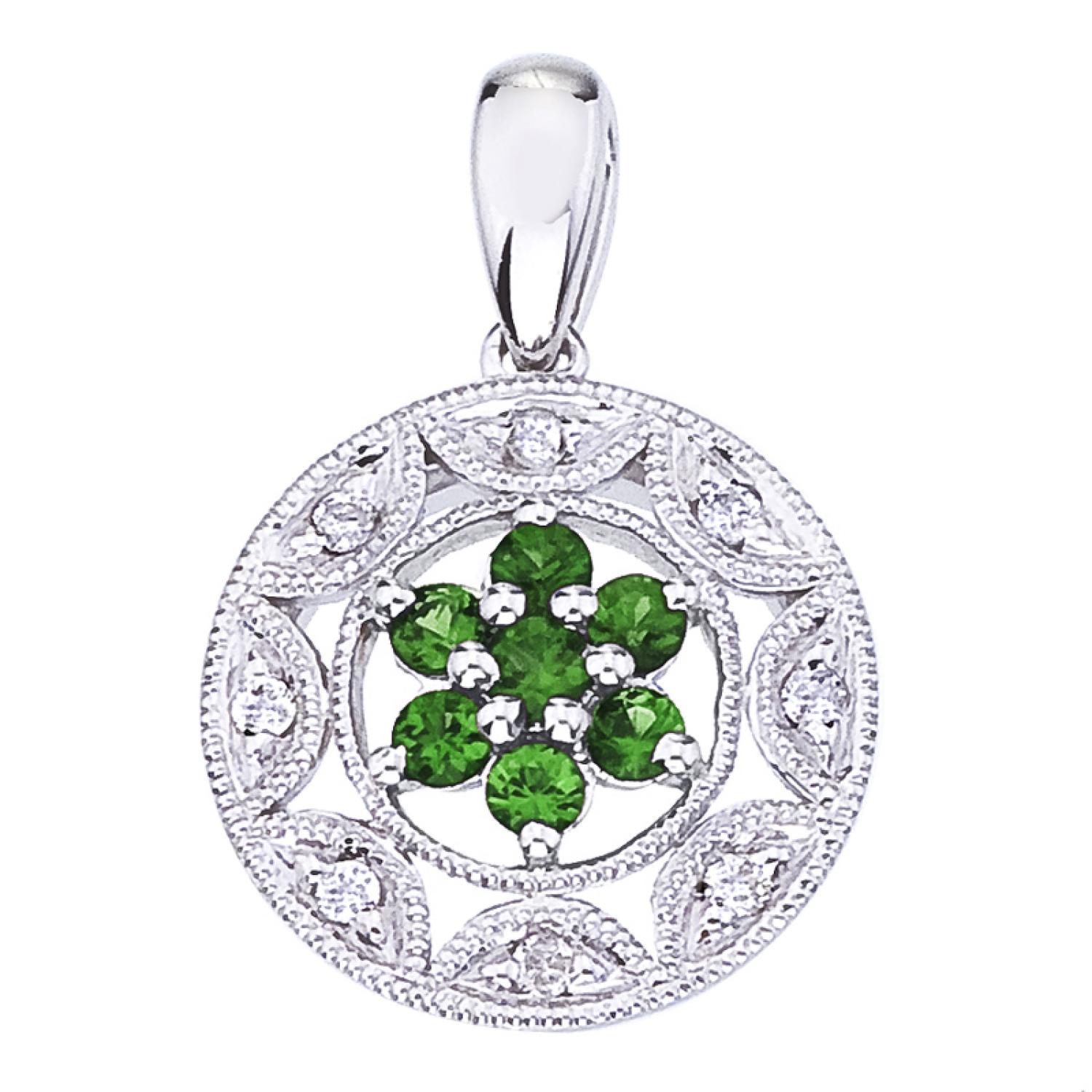 14K White Gold Sapphire and Diamond Round Precious Filigree Fashion Pendant