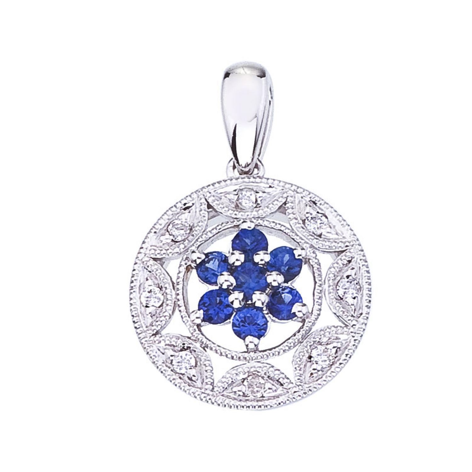 14K White Gold Precious Round Sapphire and Diamond Filigree Pendant