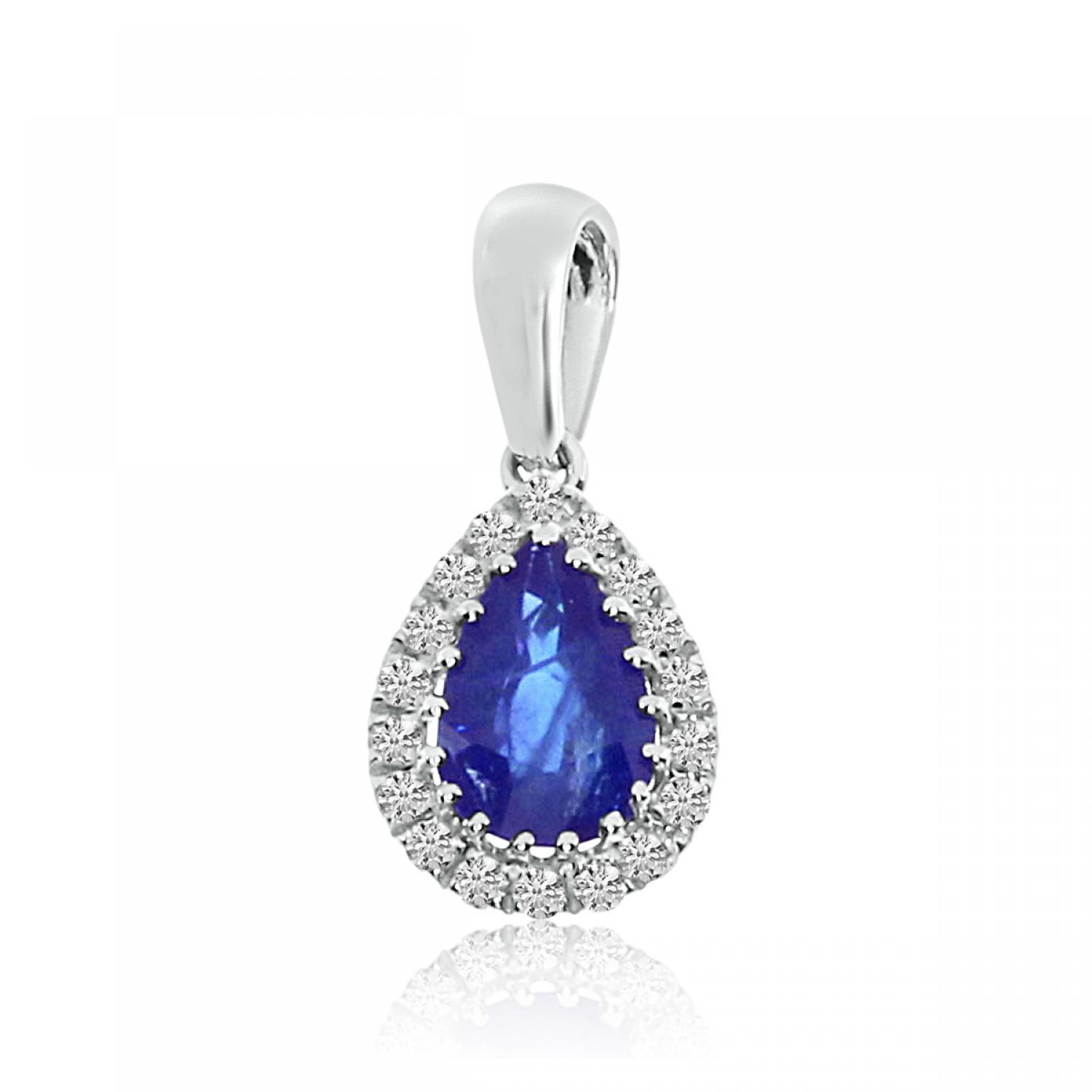 14k White Gold Precious Sapphire and Diamond Teardrop Pendant