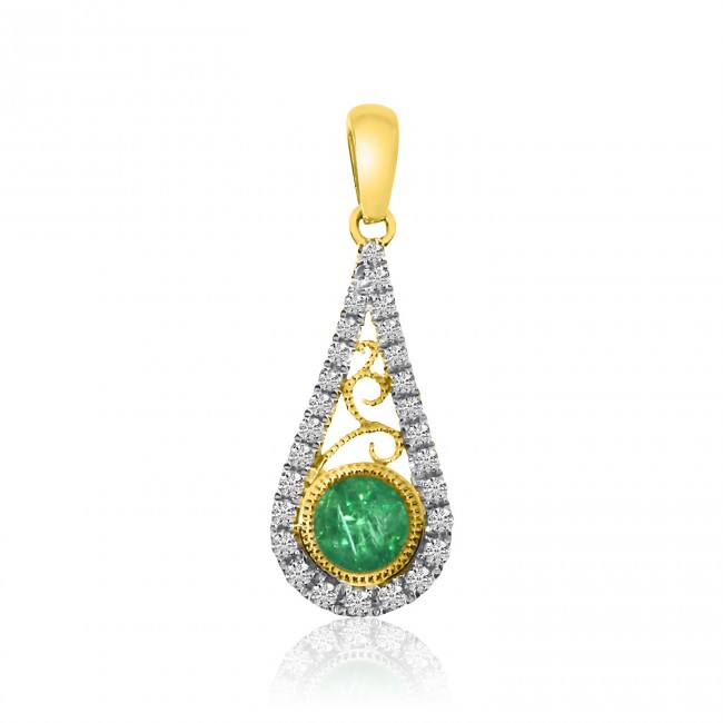 14K Yellow Gold Round Emerald and Diamond Precious Drop Pendant