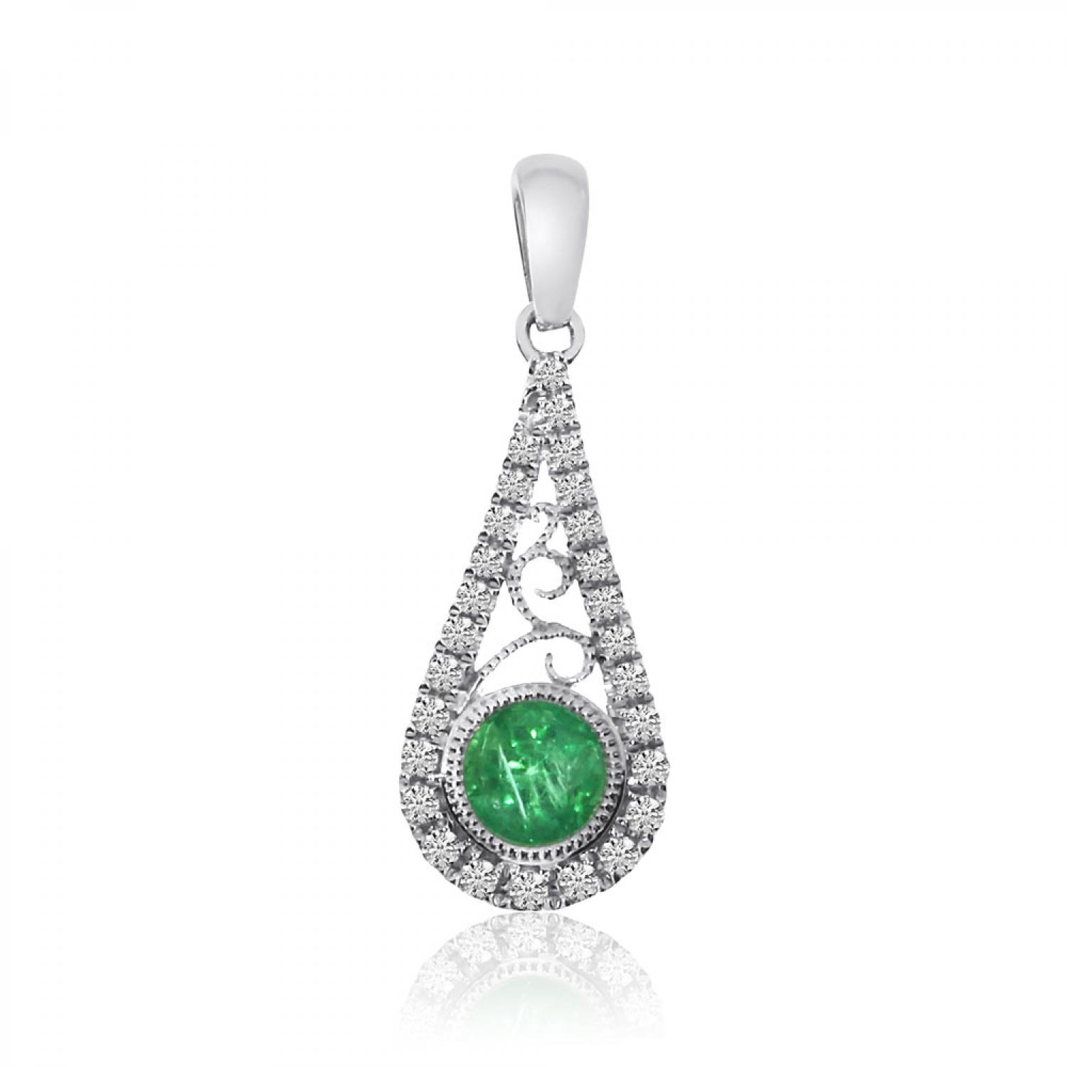 14K White Gold Precious Emerald and Diamond Drop Pendant