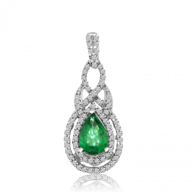 14K White Gold 7x5 mm Pear precious Emerald and Diamond Precious Fashion Pendant